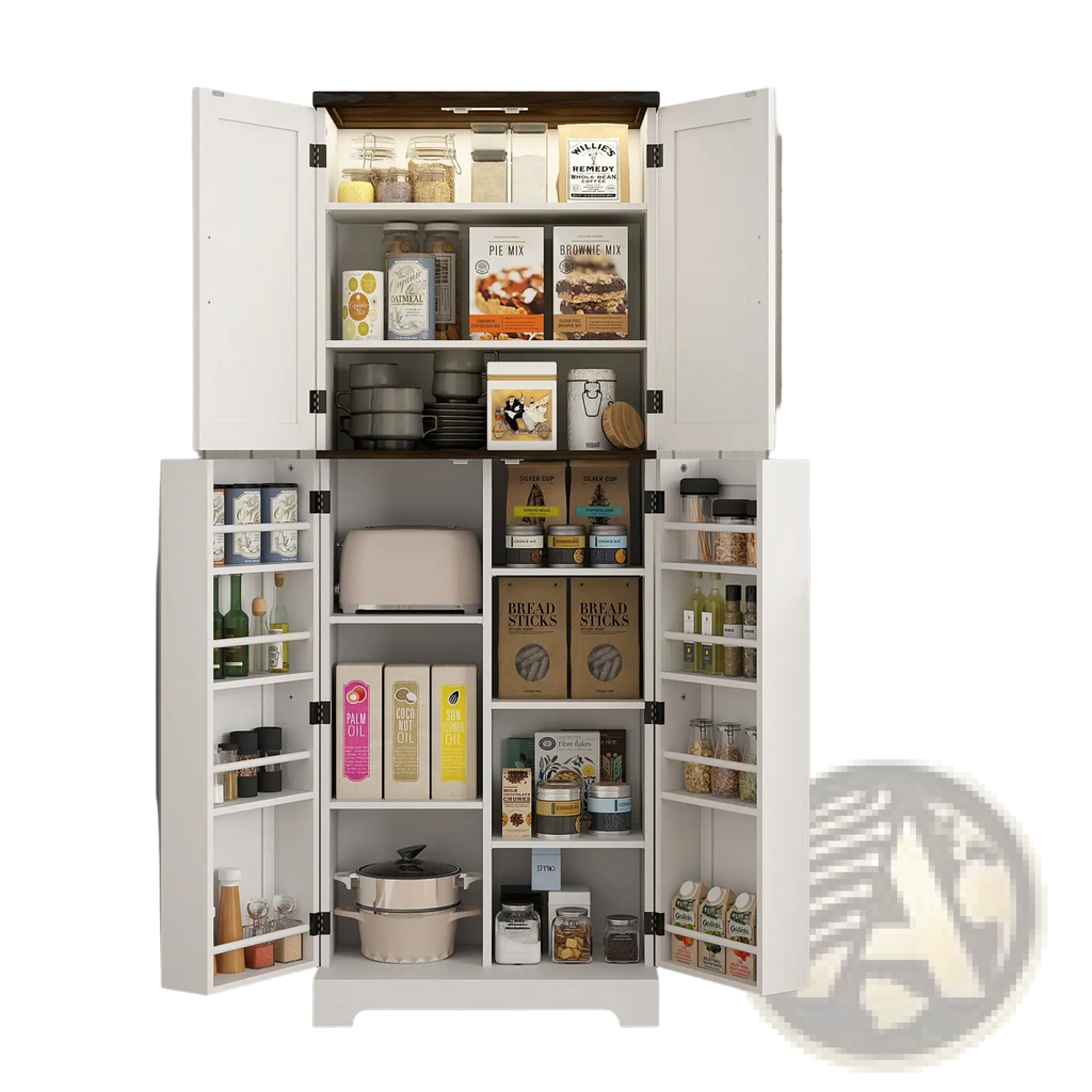 White kitchen pantry cabinet with led light and spice racks showing open doors with jars boxes and appliances inside