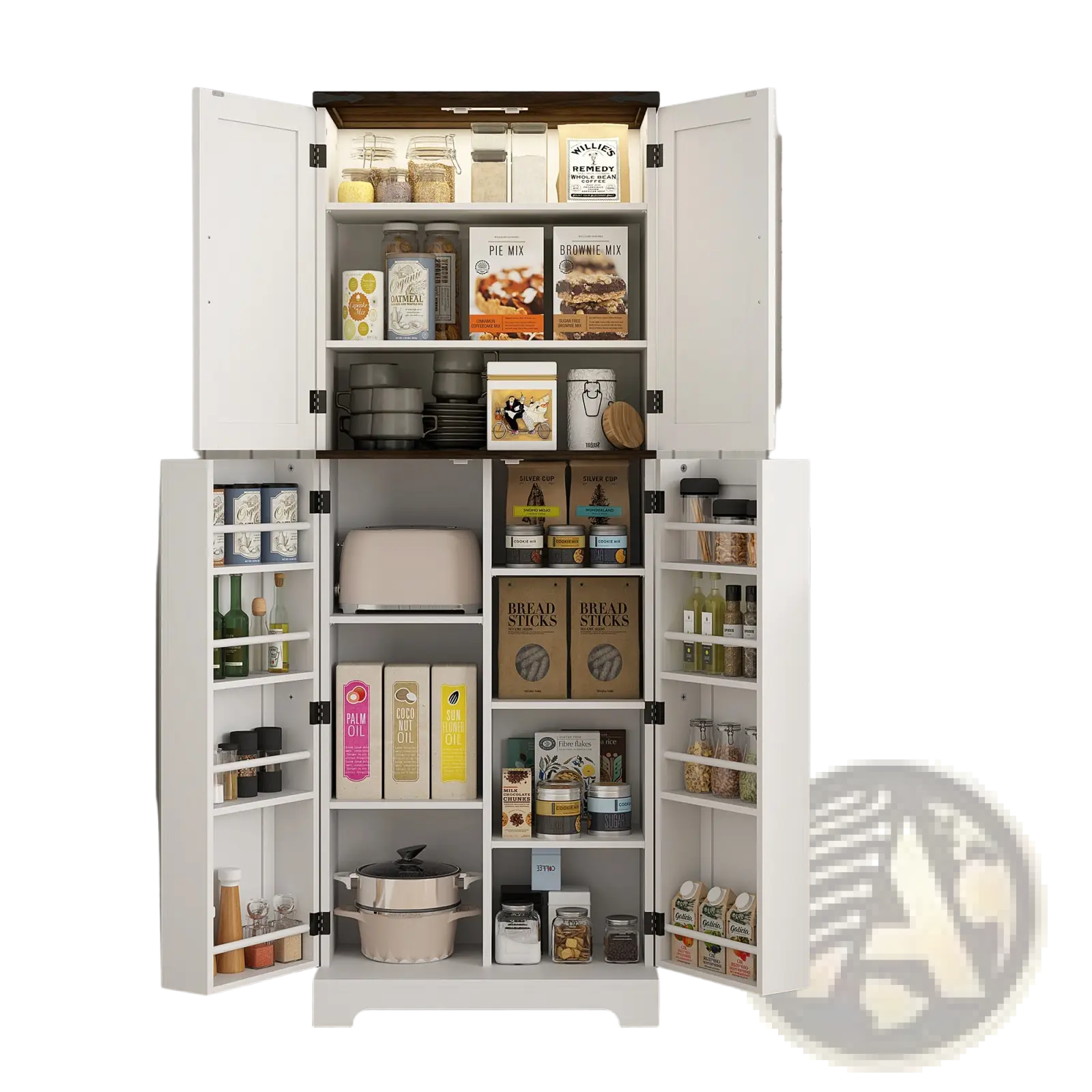 White kitchen pantry cabinet with led light and spice racks showing open doors with jars boxes and appliances inside