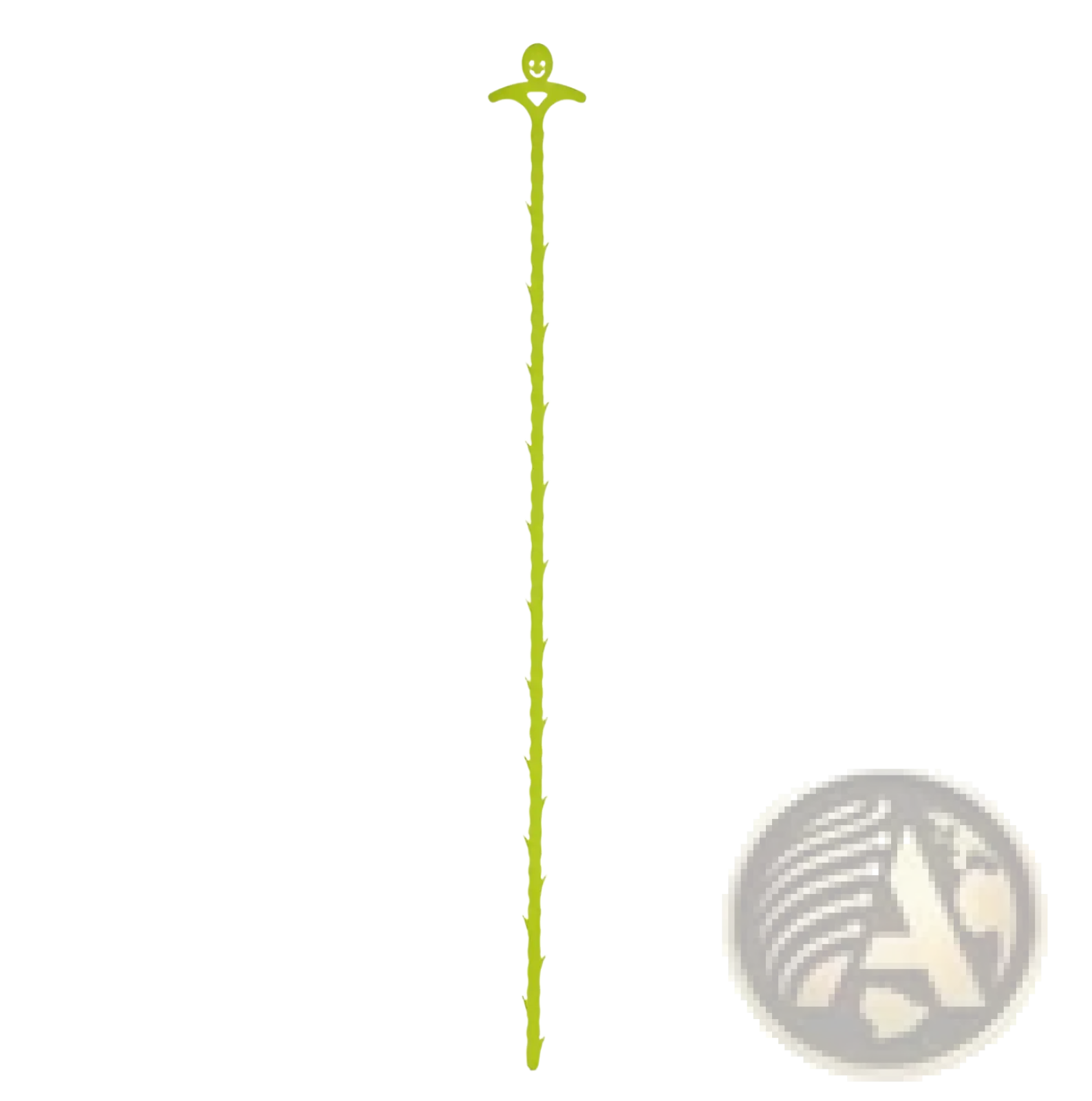 A lime green plastic kitchen pipe dredging hook shaped like a smiling stylized plant stem with jagged edges 51cm
