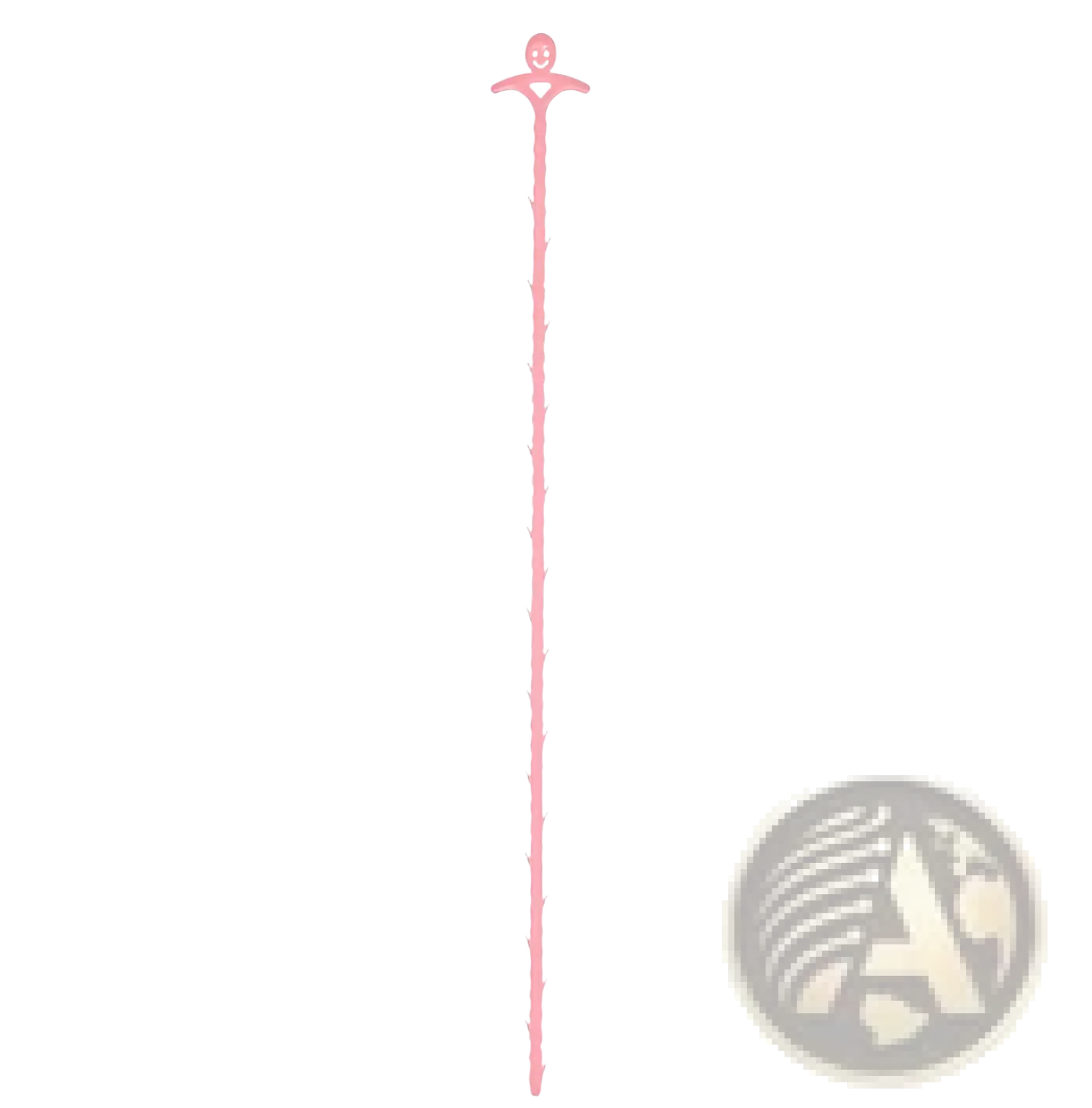A pink plastic kitchen pipe dredging hook with a stylized human figure and decorative branch-like ridges