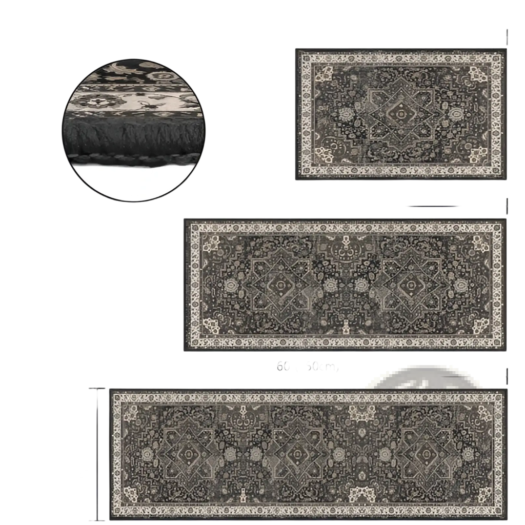 Dark gray and beige patterned washable boho kitchen runner rug set with intricate traditional non slip design