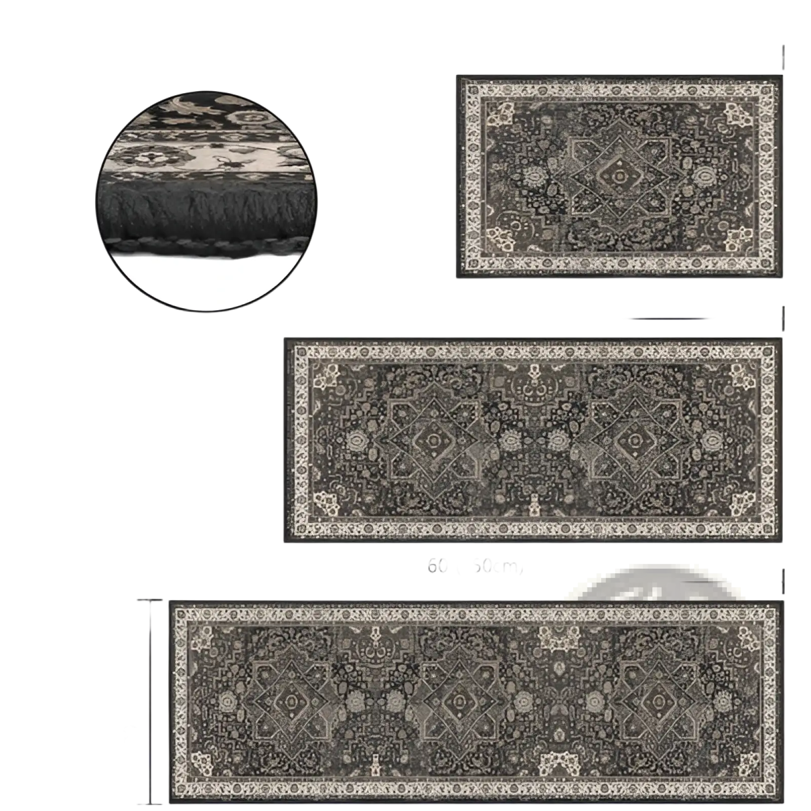 Dark gray and beige patterned washable boho kitchen runner rug set with intricate traditional non slip design