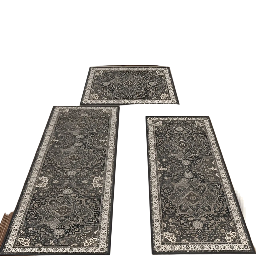Set of three gray and white washable boho kitchen rugs with intricate geometric non slip runner designs