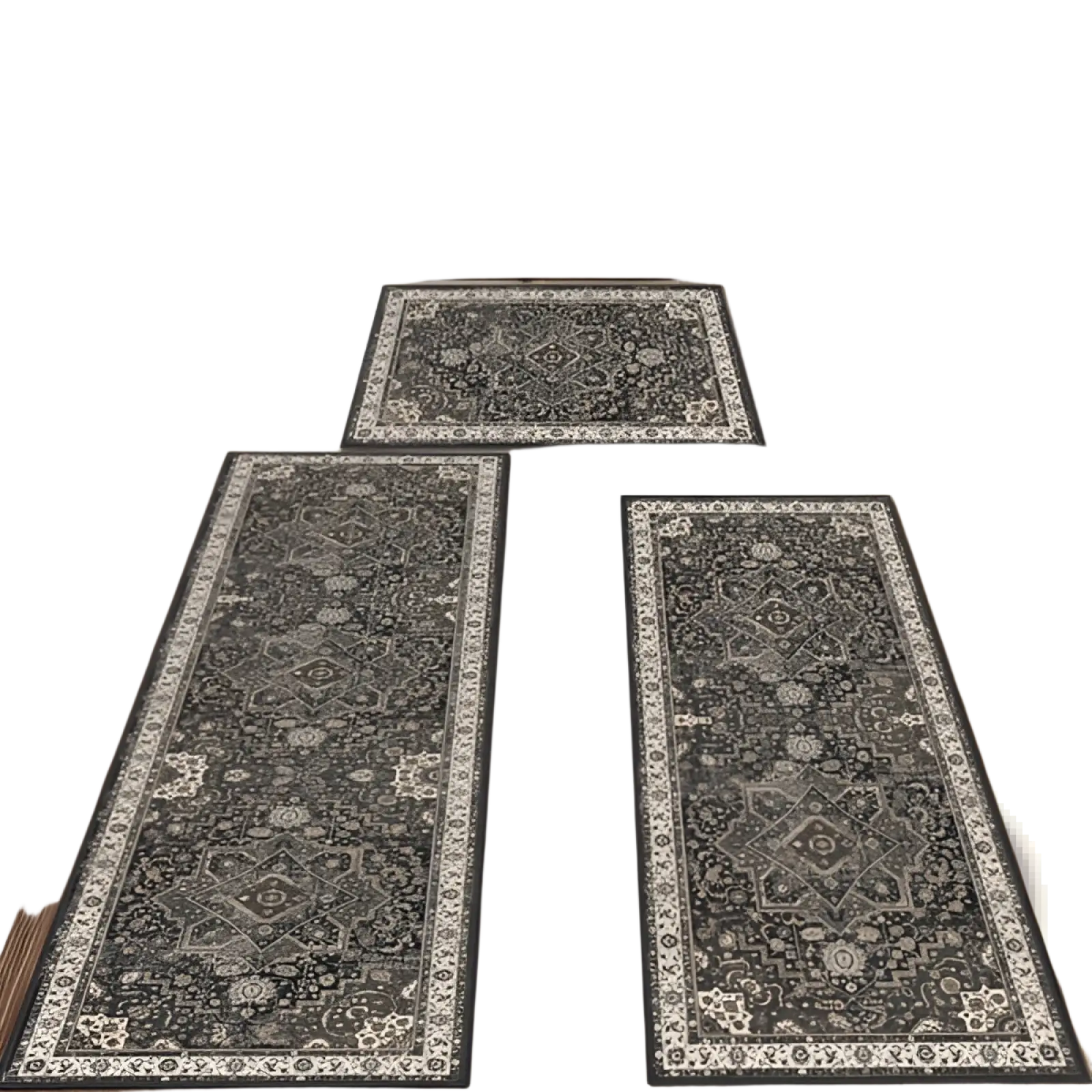 Set of three gray and white washable boho kitchen rugs with intricate geometric non slip runner designs