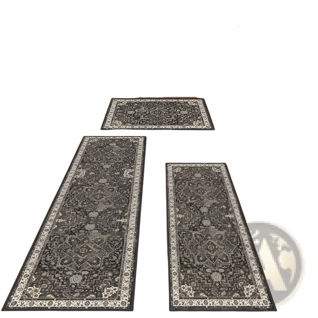Set of three washable boho kitchen rugs in dark gray and cream with non slip intricate floral and geometric patterns