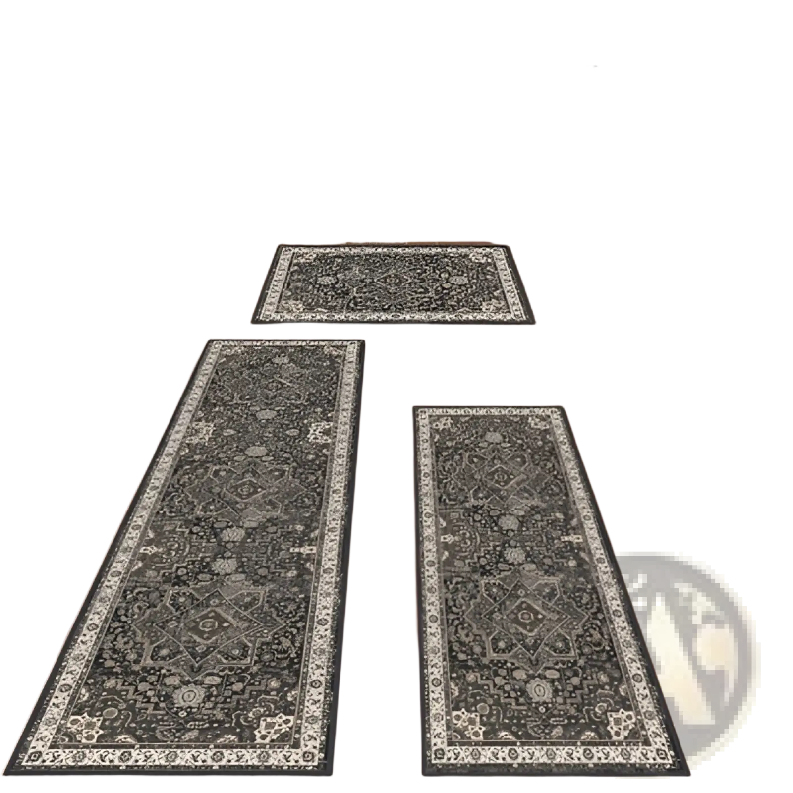 Set of three washable boho kitchen rugs in dark gray and cream with non slip intricate floral and geometric patterns