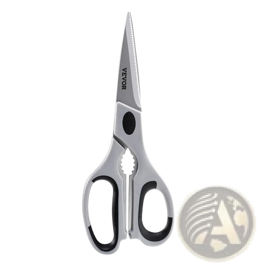 Silver and black Vevor stainless steel kitchen shears with serrated blade and ergonomic handles with sheath