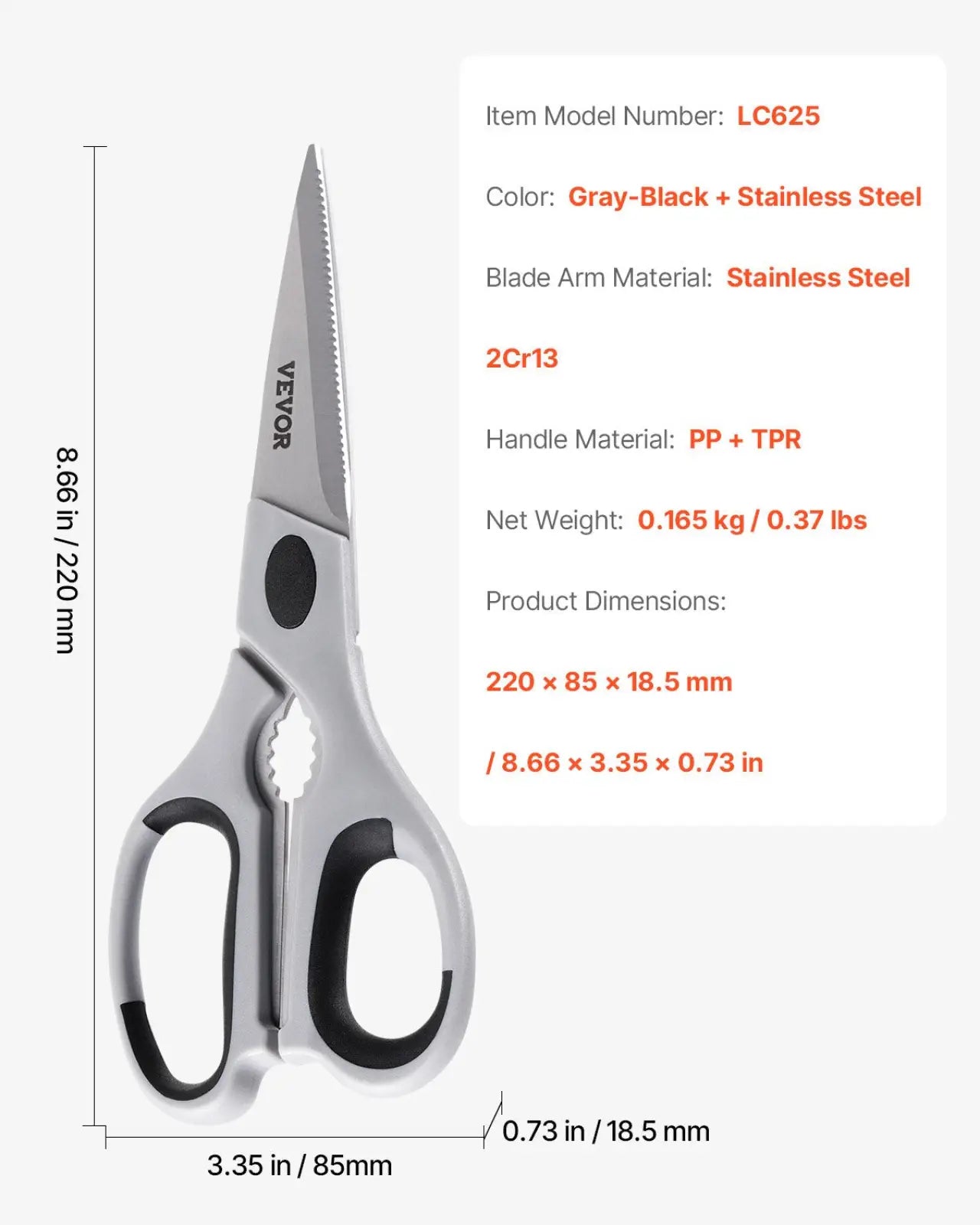 Vevor lc625 kitchen scissors with stainless steel blades and gray black durable pp and tpr handle with sheath