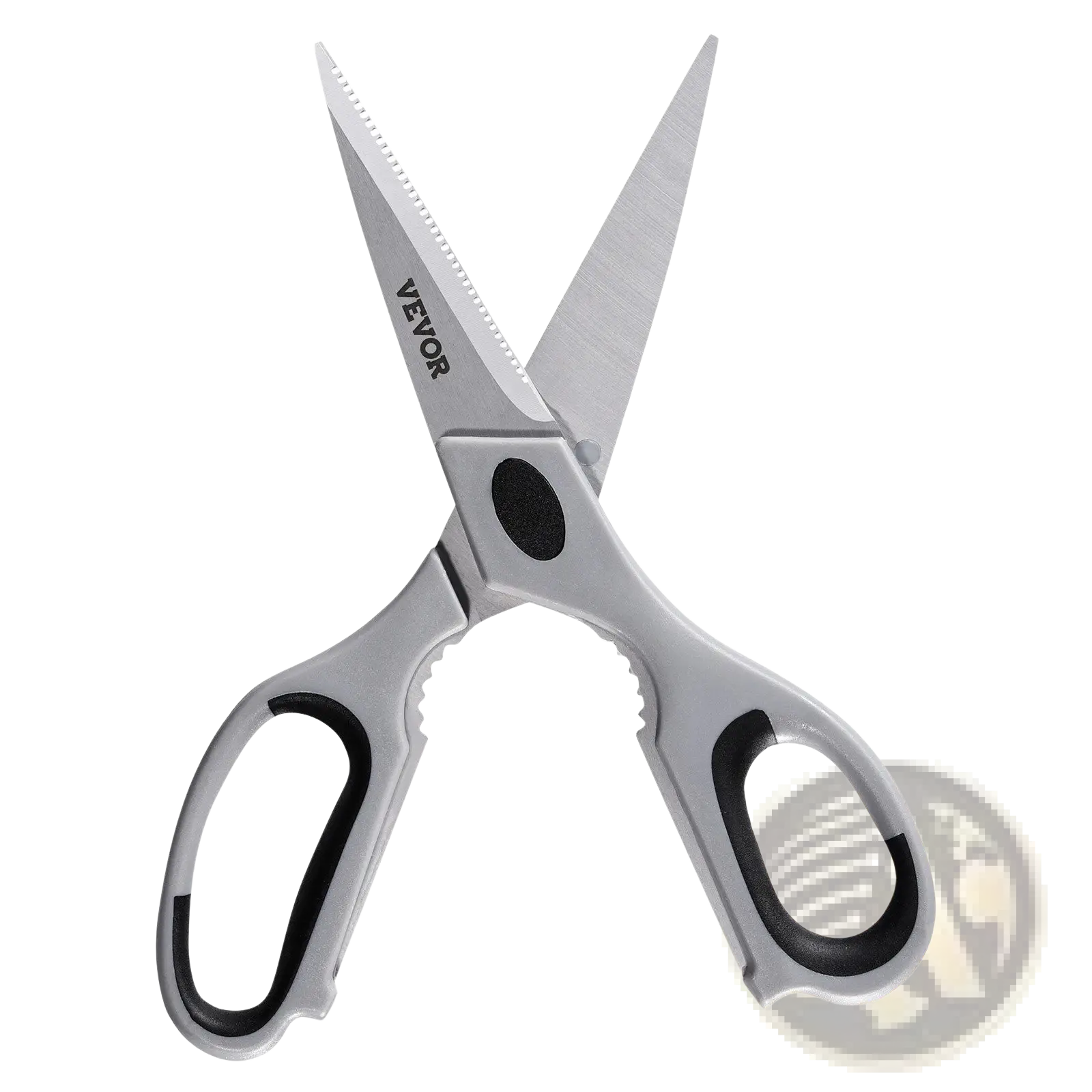 Silver Vevor kitchen shears with black ergonomic grips and serrated stainless steel blades with protective sheath