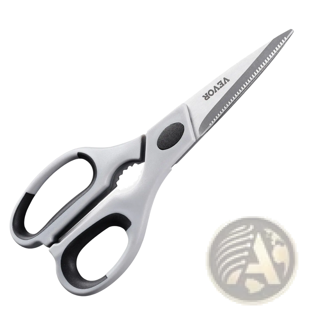 Silver vevor kitchen shears with black ergonomic grips stainless steel serrated blades and protective sheath