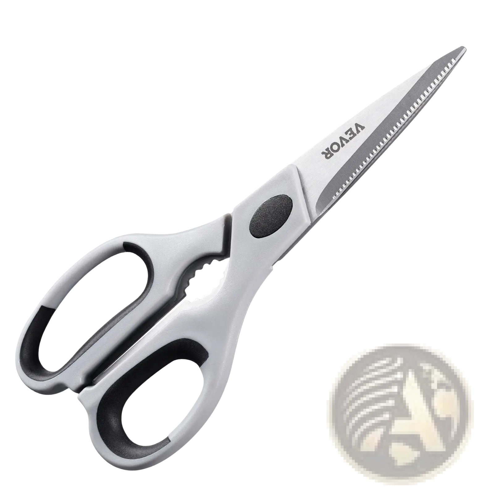 Silver vevor kitchen shears with black ergonomic grips stainless steel serrated blades and protective sheath