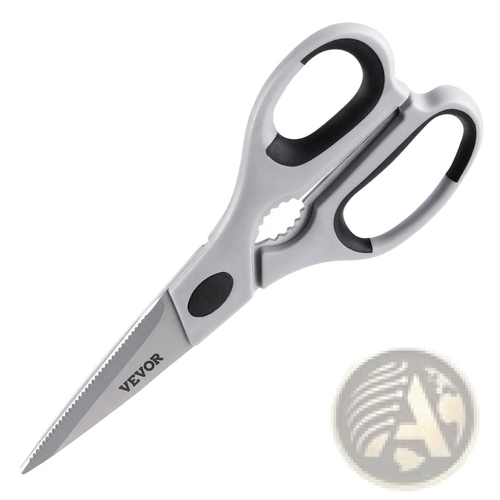 Silver vevor kitchen scissors with stainless steel serrated blades and black ergonomic grips with protective sheath