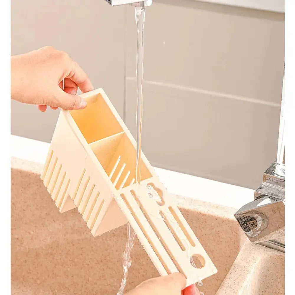 Cream acrylic knife block and cutlery storage rack with beige plastic utensil organizer featuring multiple compartments and slotted sides