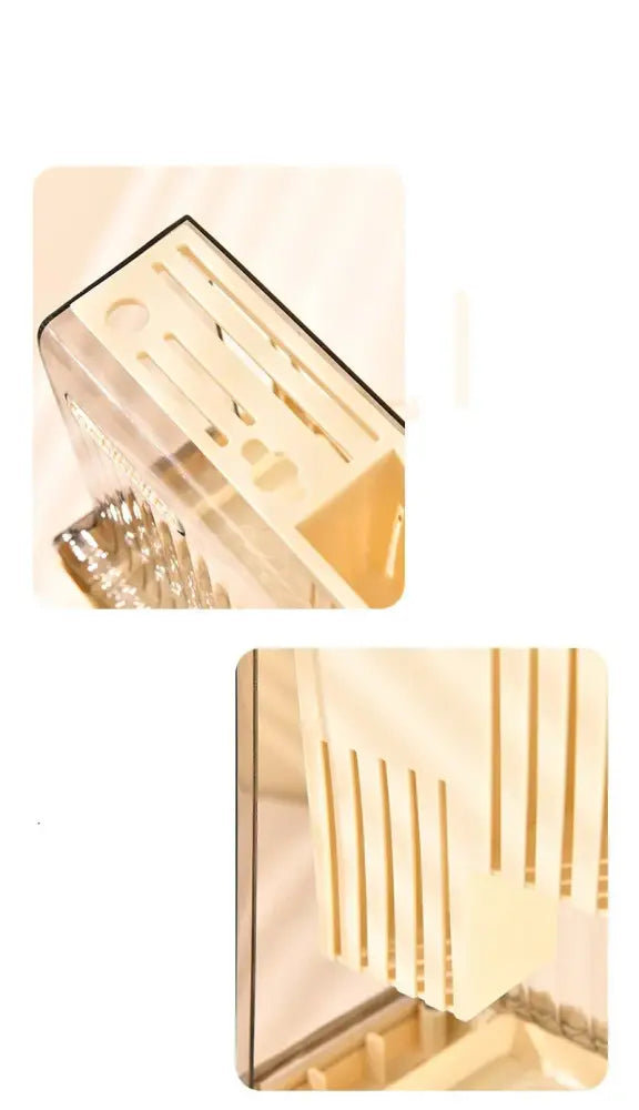 Cream acrylic knife block with gold-colored transparent vertical slots and sleek modern cutlery storage design