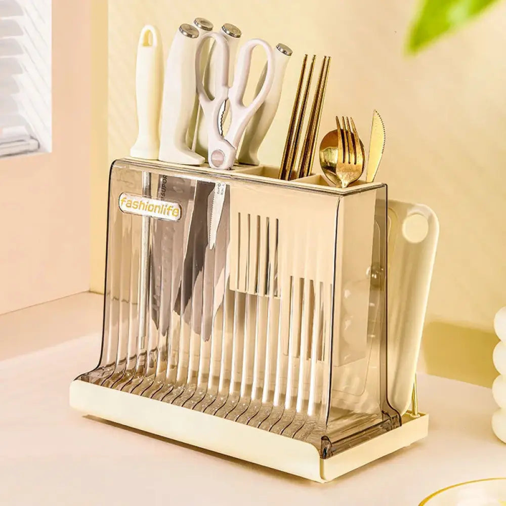 Cream acrylic knife block with transparent plastic body cream base and handle for storing knives scissors and cutlery