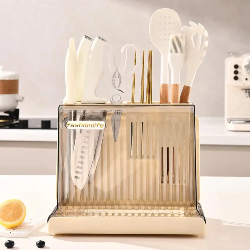 Cream acrylic knife block and cutlery storage rack with transparent beige vertical slots holding knives chopsticks and spatulas