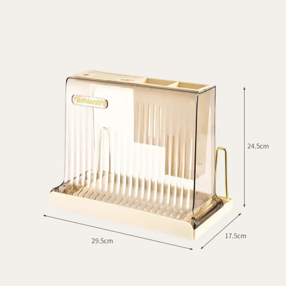 Cream acrylic knife block and cutlery storage rack with transparent acrylic toothbrush holder gold-tone metal accents and beige base