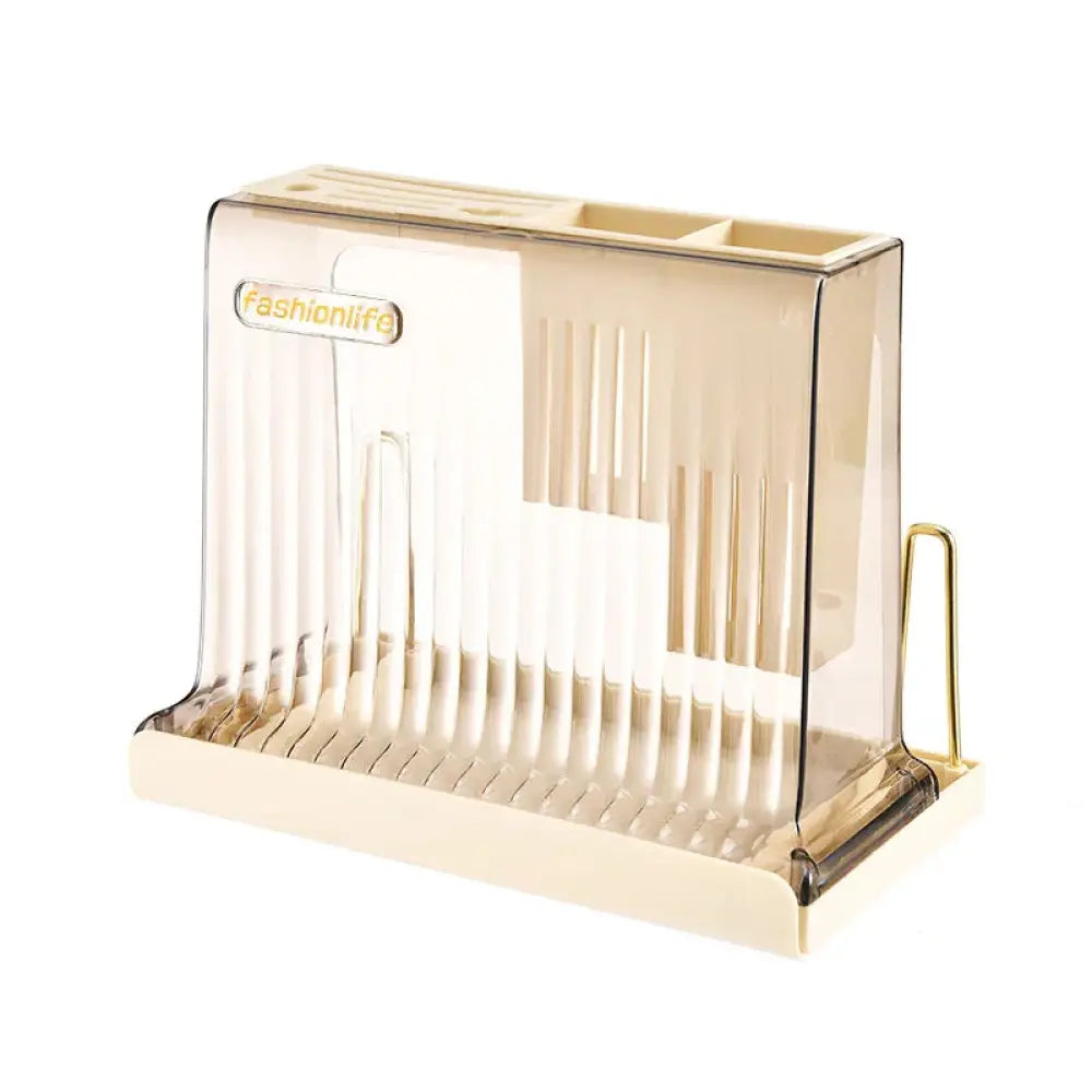 Cream acrylic knife block with beige translucent plastic toothbrush holder featuring vertical ridges and gold-tone stand