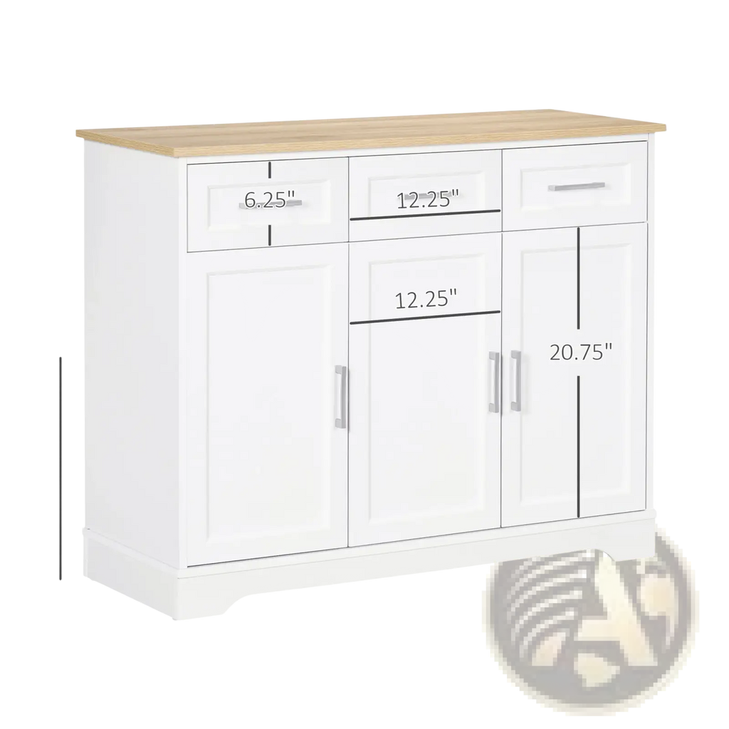 White kitchen sideboard buffet cabinet with storage features a white oak light wood top and silver handles