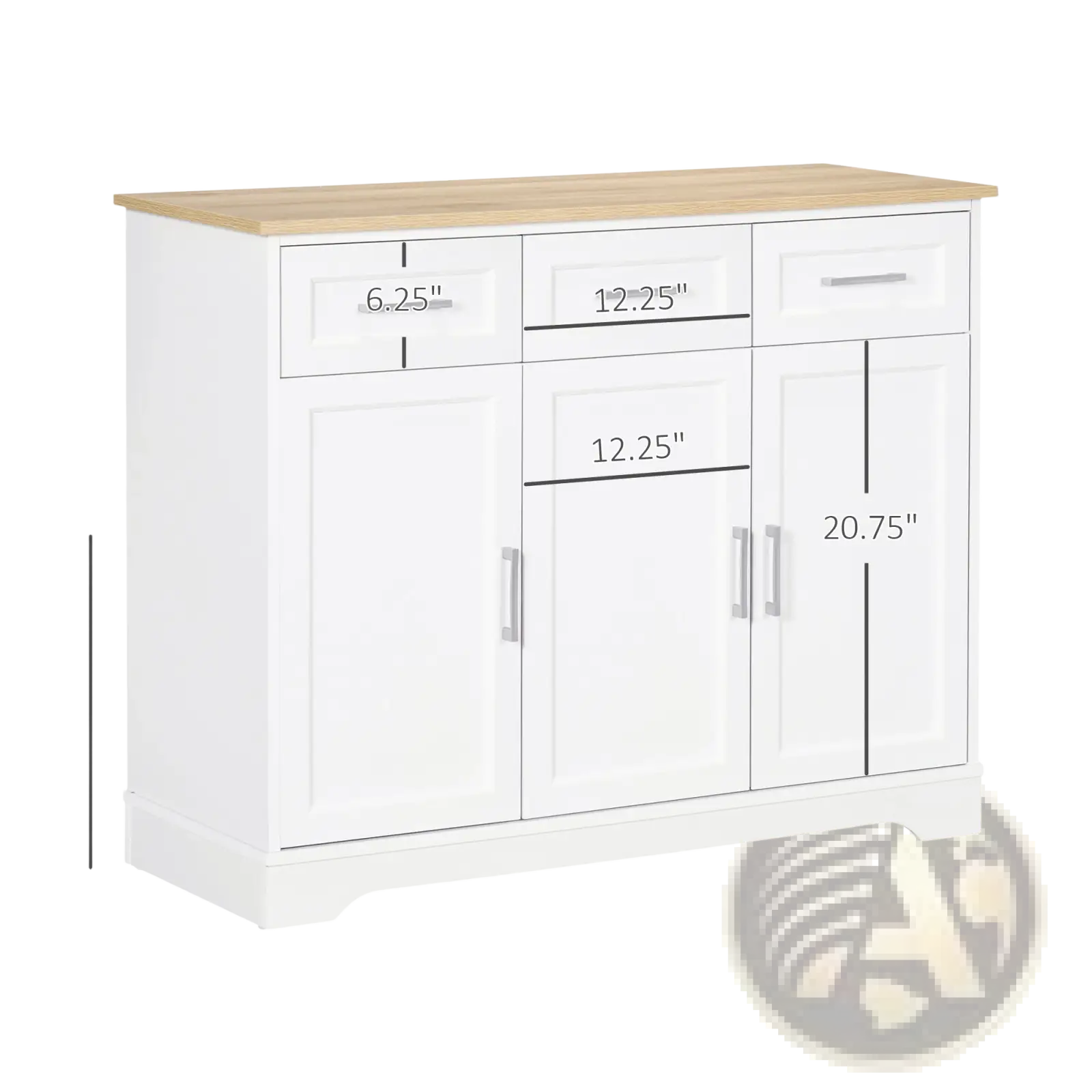 White kitchen sideboard buffet cabinet with storage features a white oak light wood top and silver handles