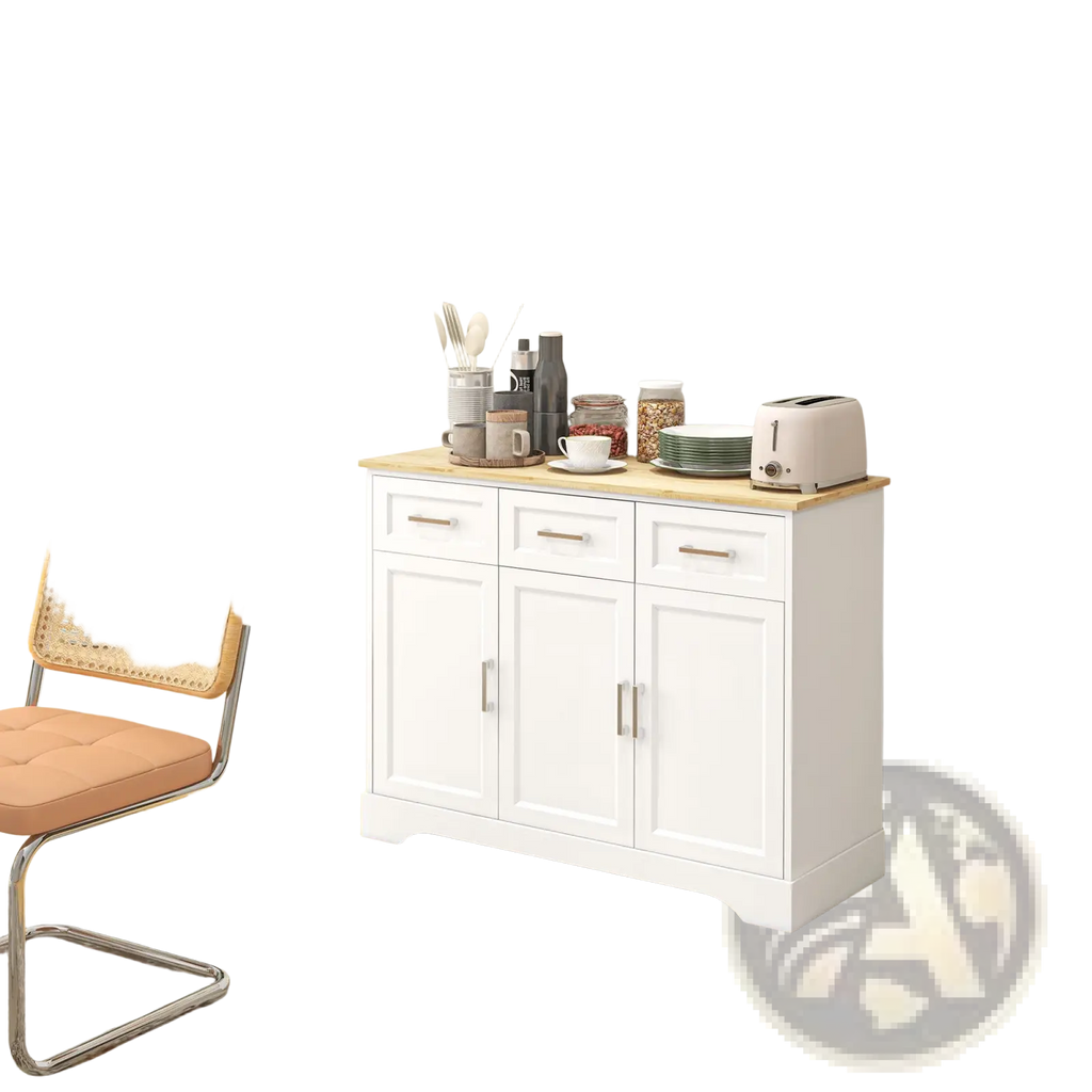 White wooden kitchen sideboard buffet cabinet with light oak countertop three doors and drawers for storage