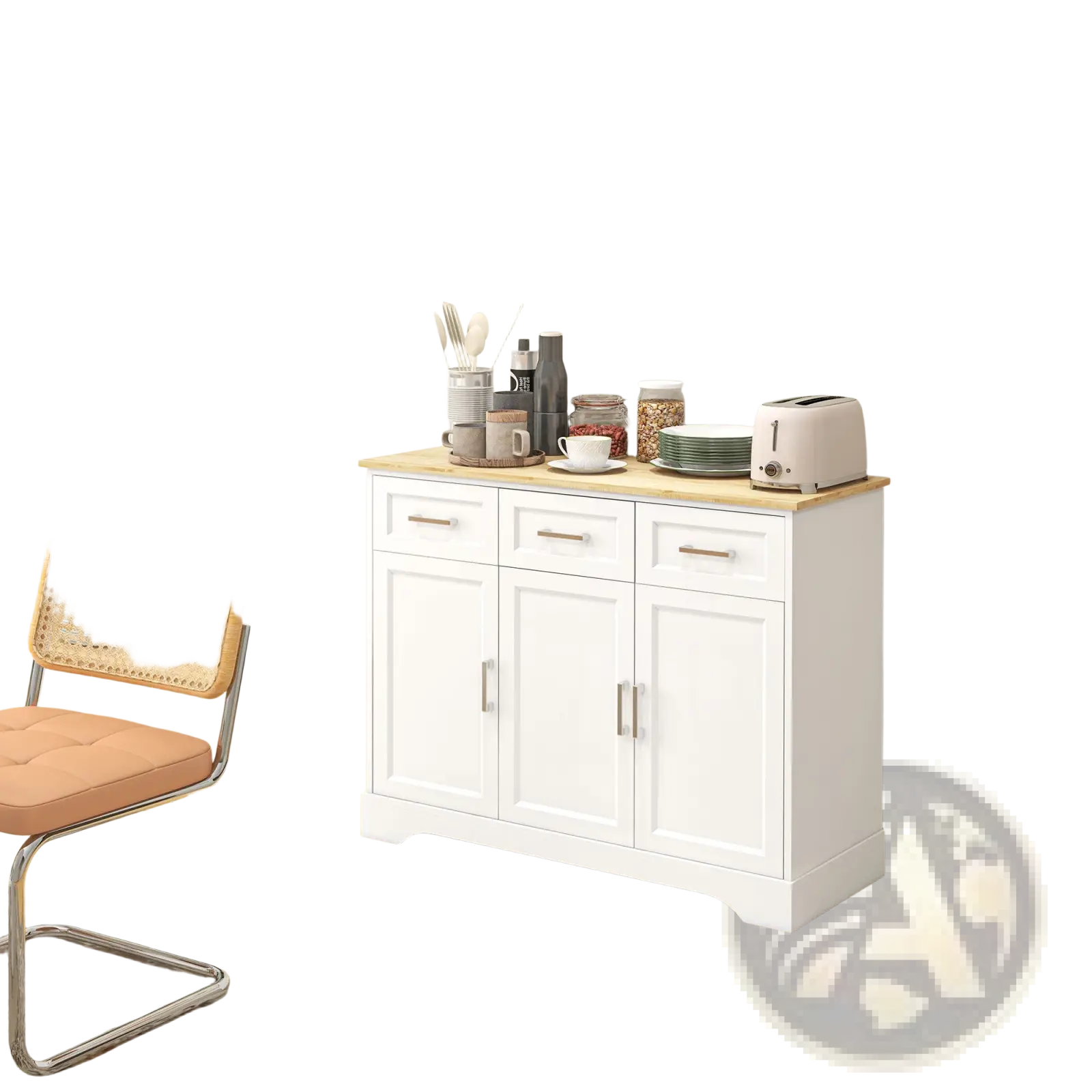 White wooden kitchen sideboard buffet cabinet with light oak countertop three doors and drawers for storage