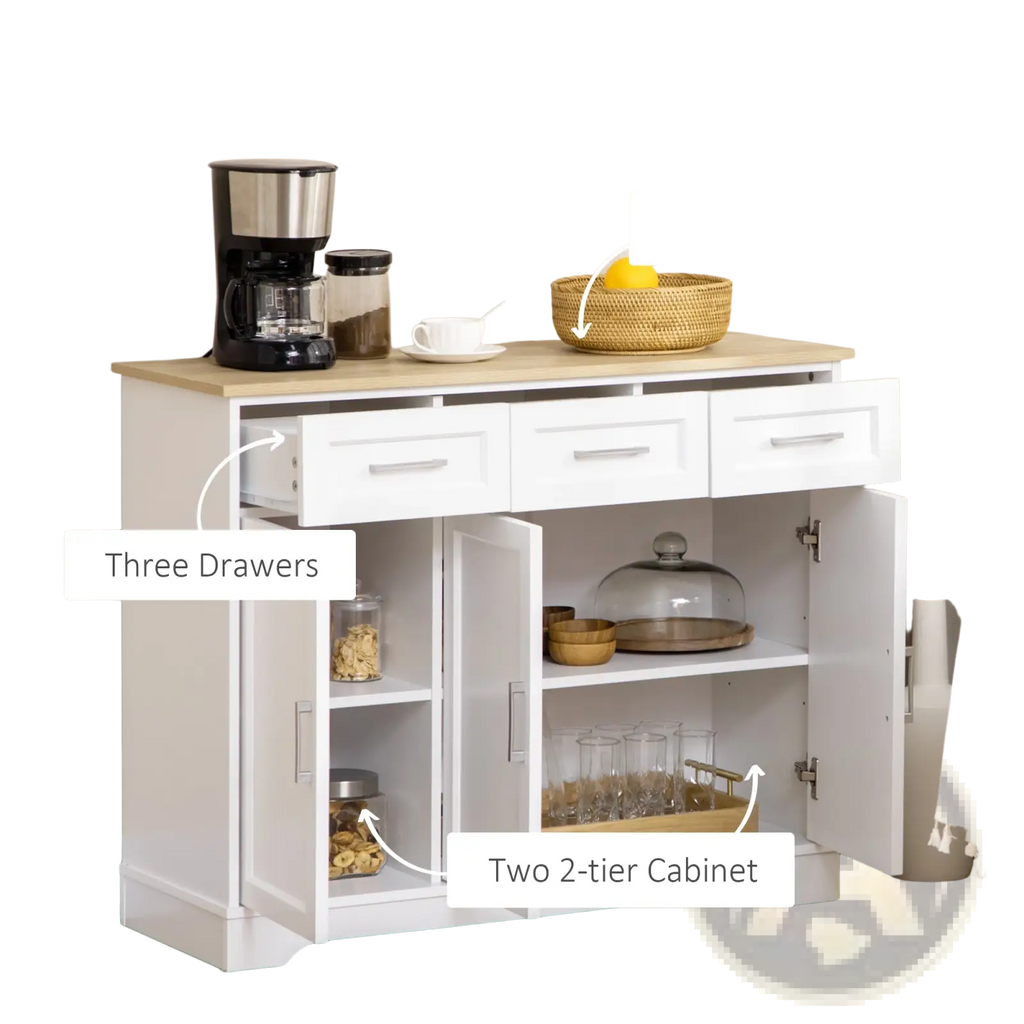 White kitchen sideboard buffet cabinet with light oak countertop three drawers and two open-tier storage cabinets