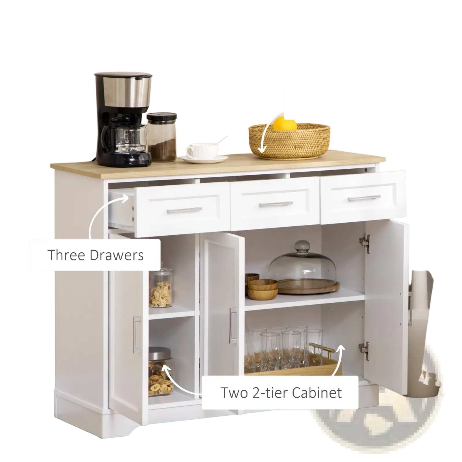 White kitchen sideboard buffet cabinet with light oak countertop three drawers and two open-tier storage cabinets