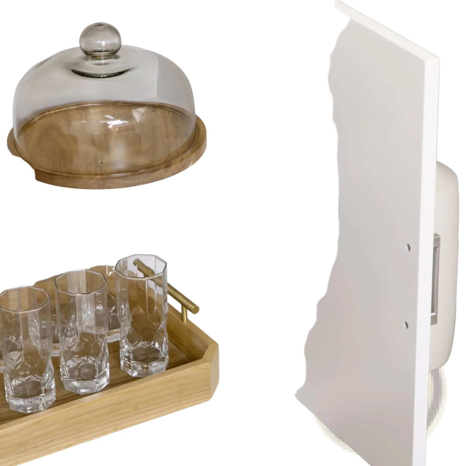 Clear glass cloche with rounded dome and metallic knob displayed on white oak kitchen sideboard buffet cabinet with storage
