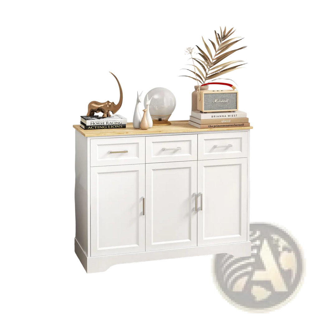 White wooden kitchen sideboard buffet cabinet with light oak top and silver handles for storage and organization