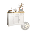 White wooden kitchen sideboard buffet cabinet with light oak top and silver handles for storage and organization