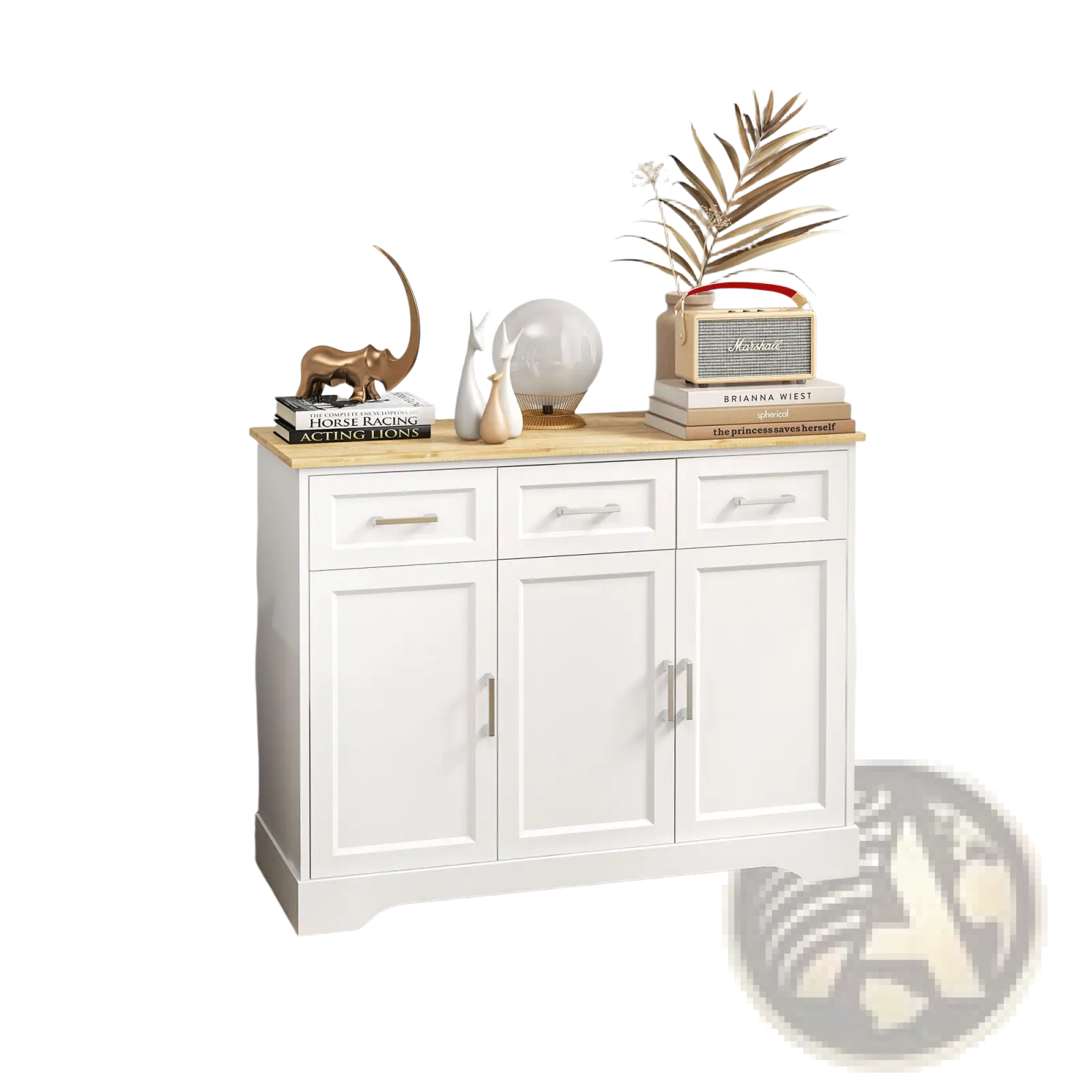 White wooden kitchen sideboard buffet cabinet with light oak top silver handles and ample storage space