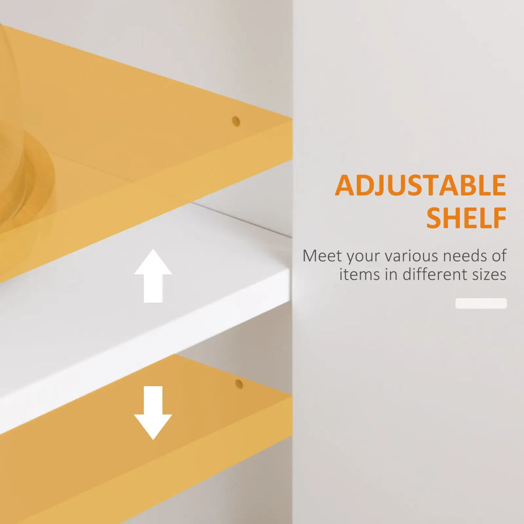 Adjustable shelf with yellow and white panels featuring sliding mechanisms in kitchen sideboard buffet cabinet white oak