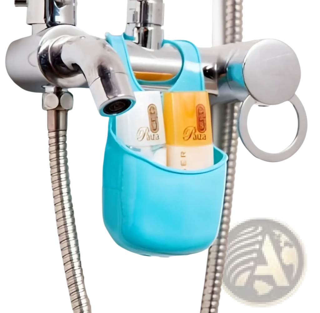 Blue plastic kitchen sink drain basket hanging storage organizer bag with curved handle and two compartments holding toiletries