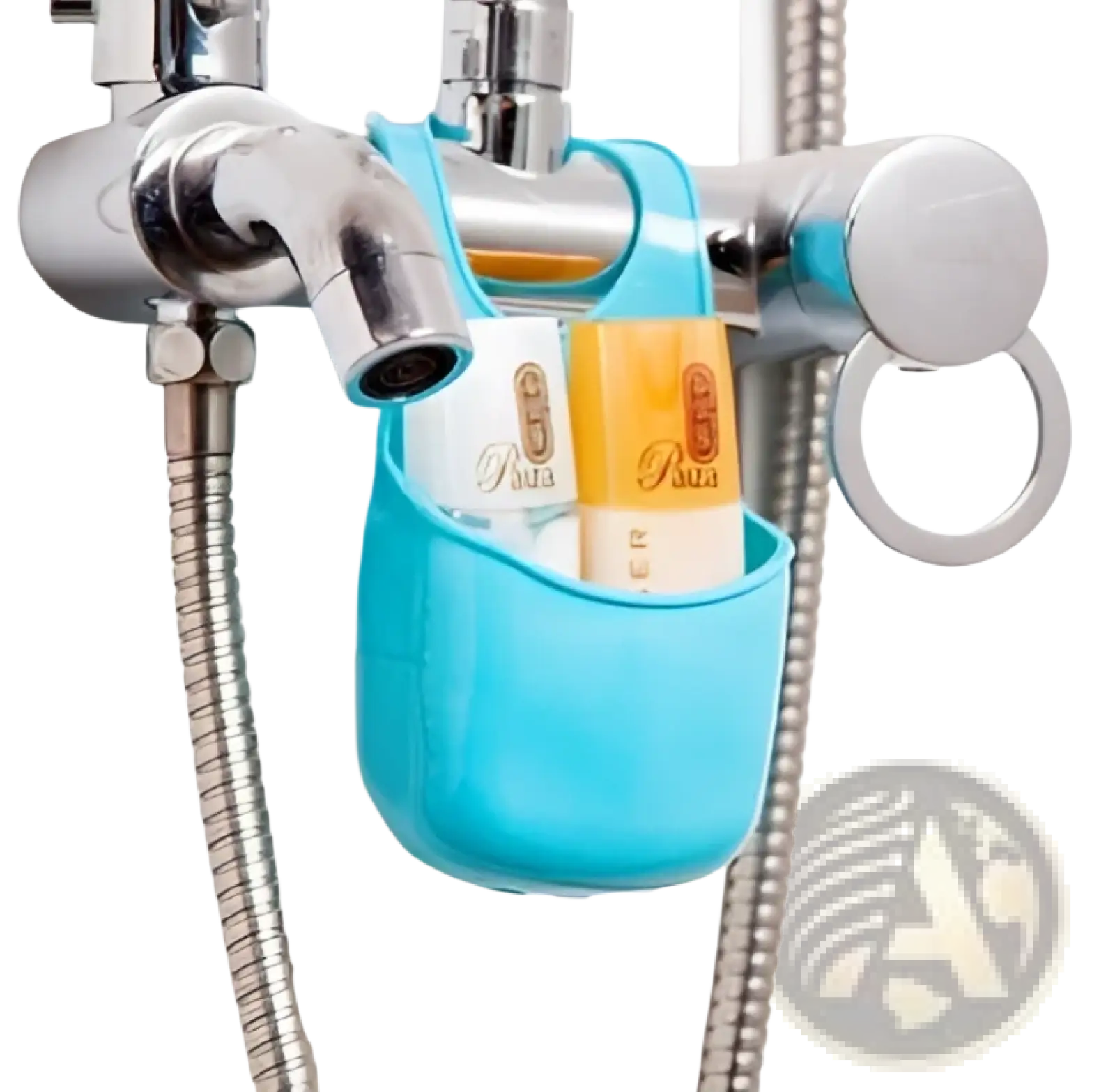 Blue plastic kitchen sink drain basket hanging storage organizer bag with curved handle and two compartments holding toiletries