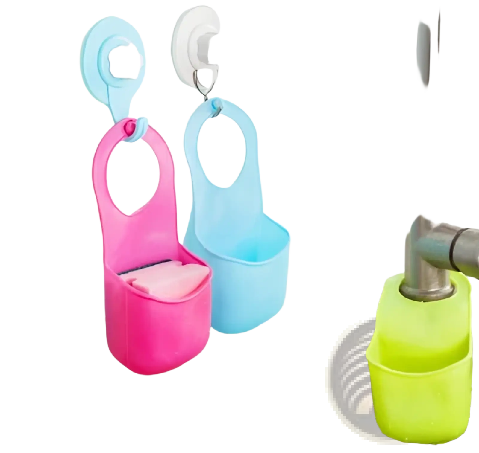 Kitchen sink drain basket hanging storage organizer bag silicone soap holders in pink blue and lime green with suction cups