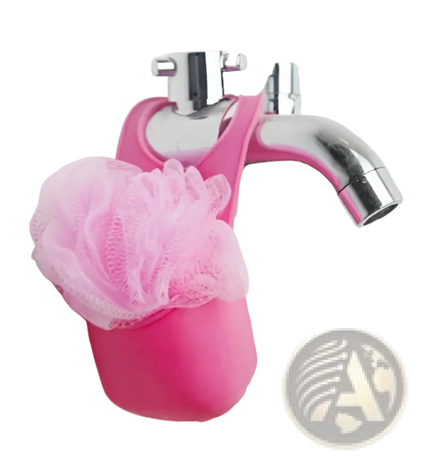 Kitchen sink drain basket hanging storage organizer bag in pink silicone holding a soft mesh textured loofah