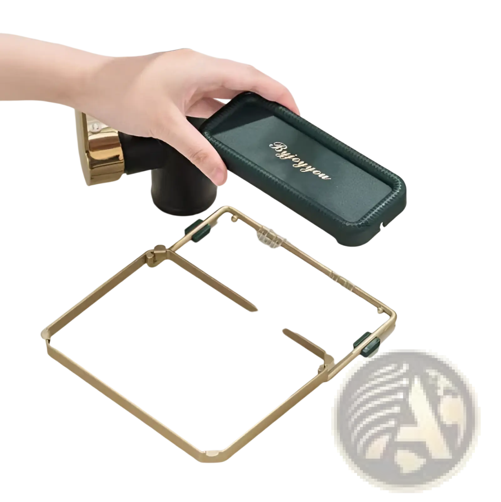 Dark green textured silicone kitchen sink filter rack with gold metal frame and clear suction cups for mesh strainer bags