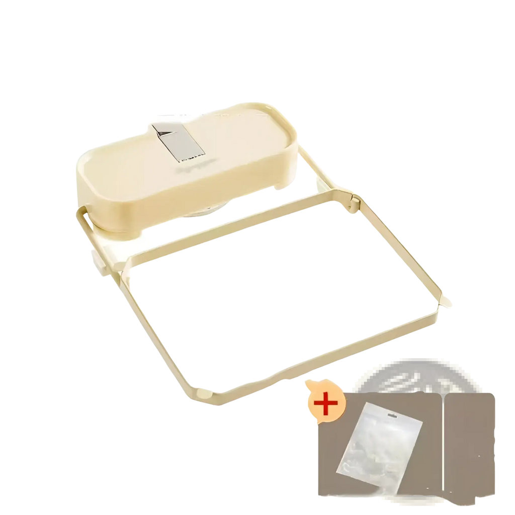Beige plastic and metal kitchen sink filter rack with hinged lid and mesh strainer bags for countertop use