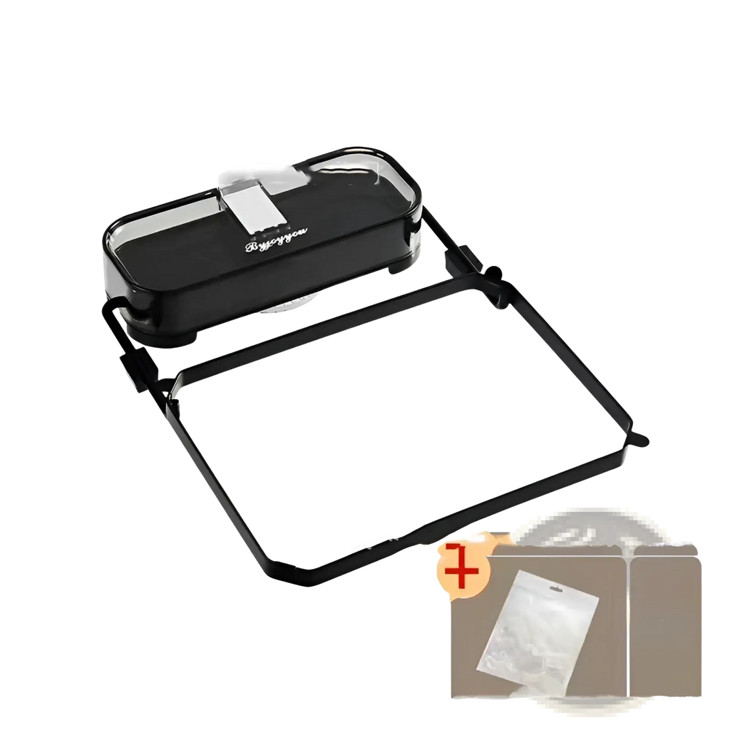 Black plastic kitchen sink filter rack with transparent lid and silver clasp featuring mesh strainer bags for filtration