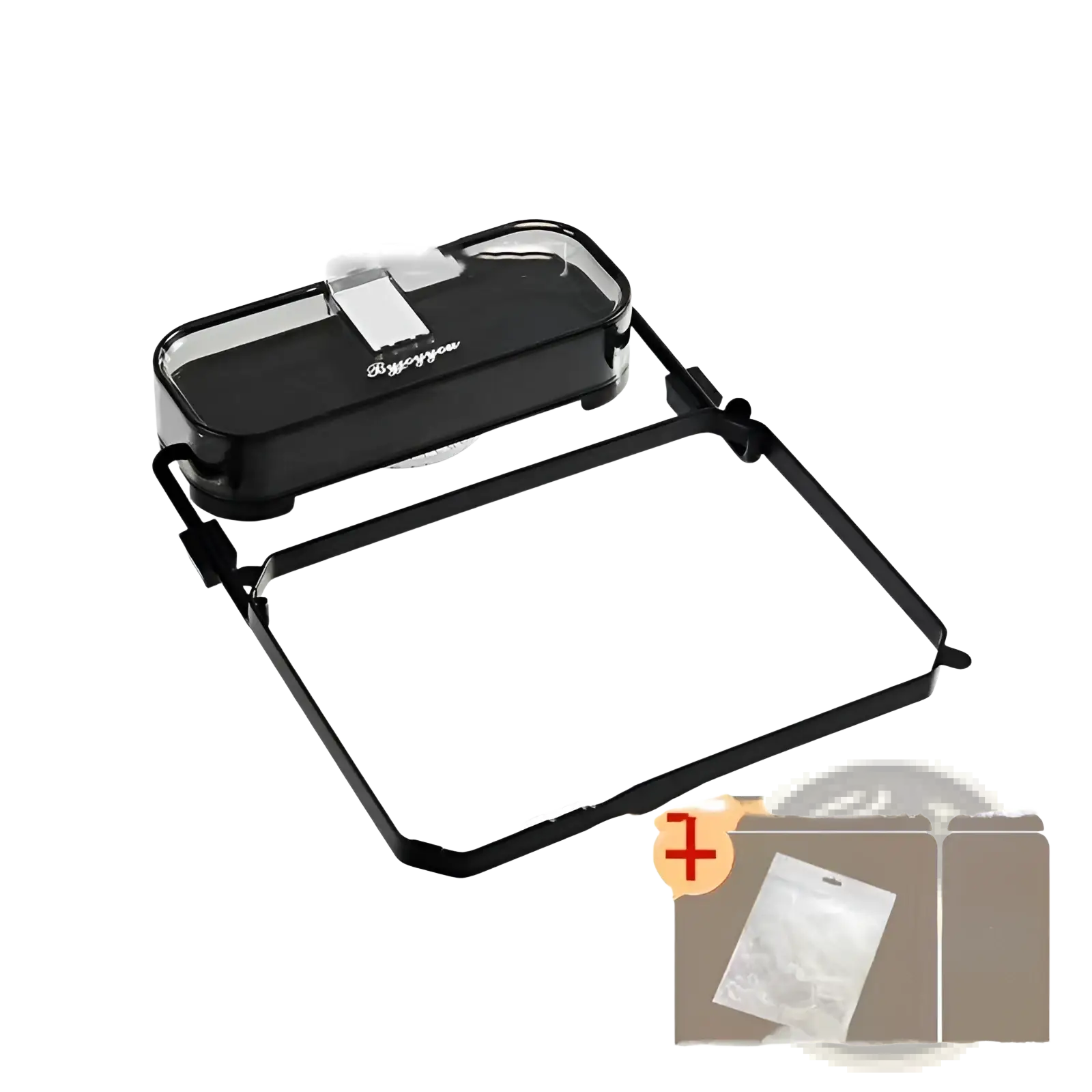 Black plastic kitchen sink filter rack with transparent lid and silver clasp featuring mesh strainer bags for filtration