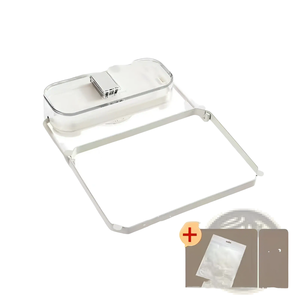 Clear plastic wall-mounted phone holder with silver metallic clip and frame for kitchen sink filter rack use