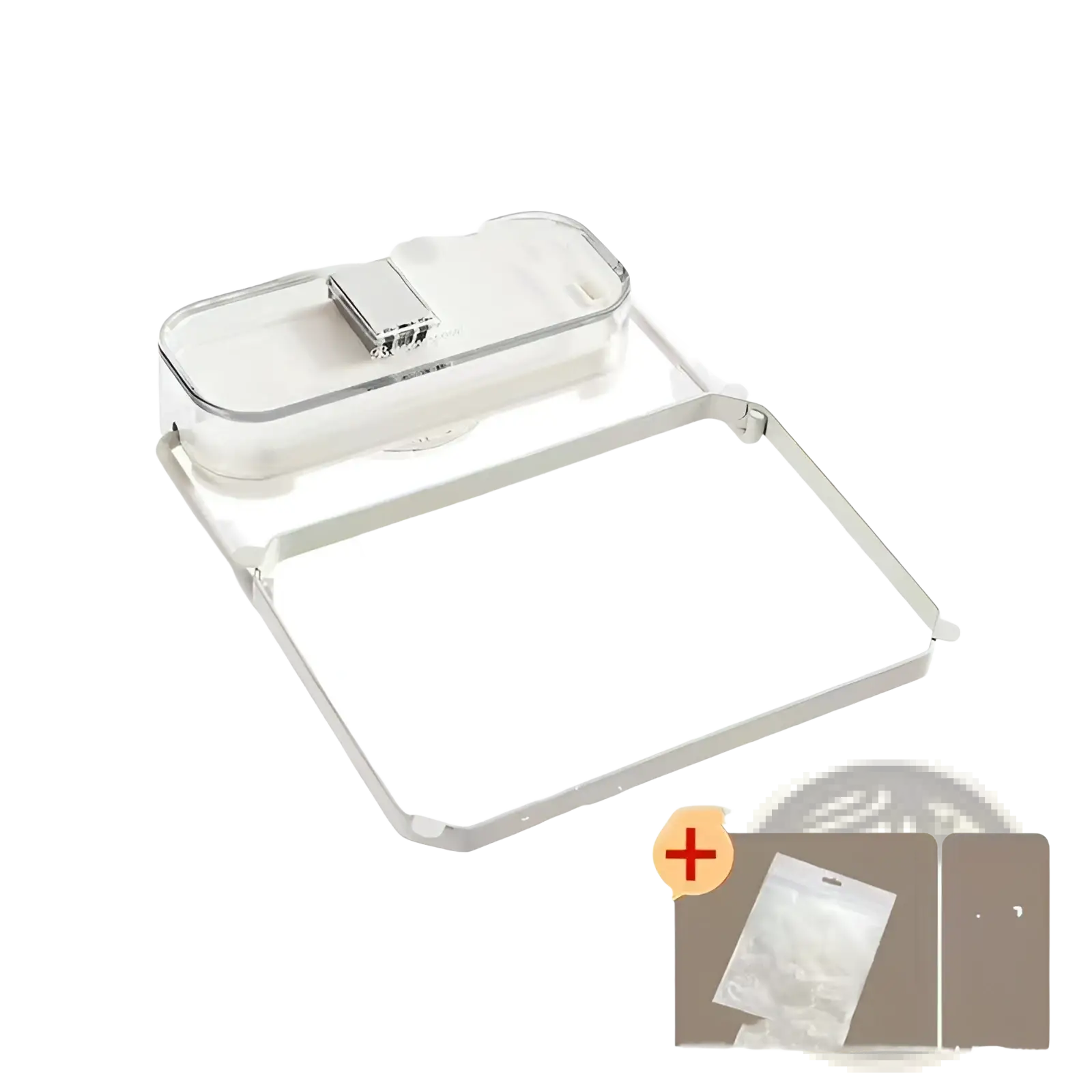 Clear plastic wall-mounted phone holder with silver metallic clip and frame for kitchen sink filter rack use