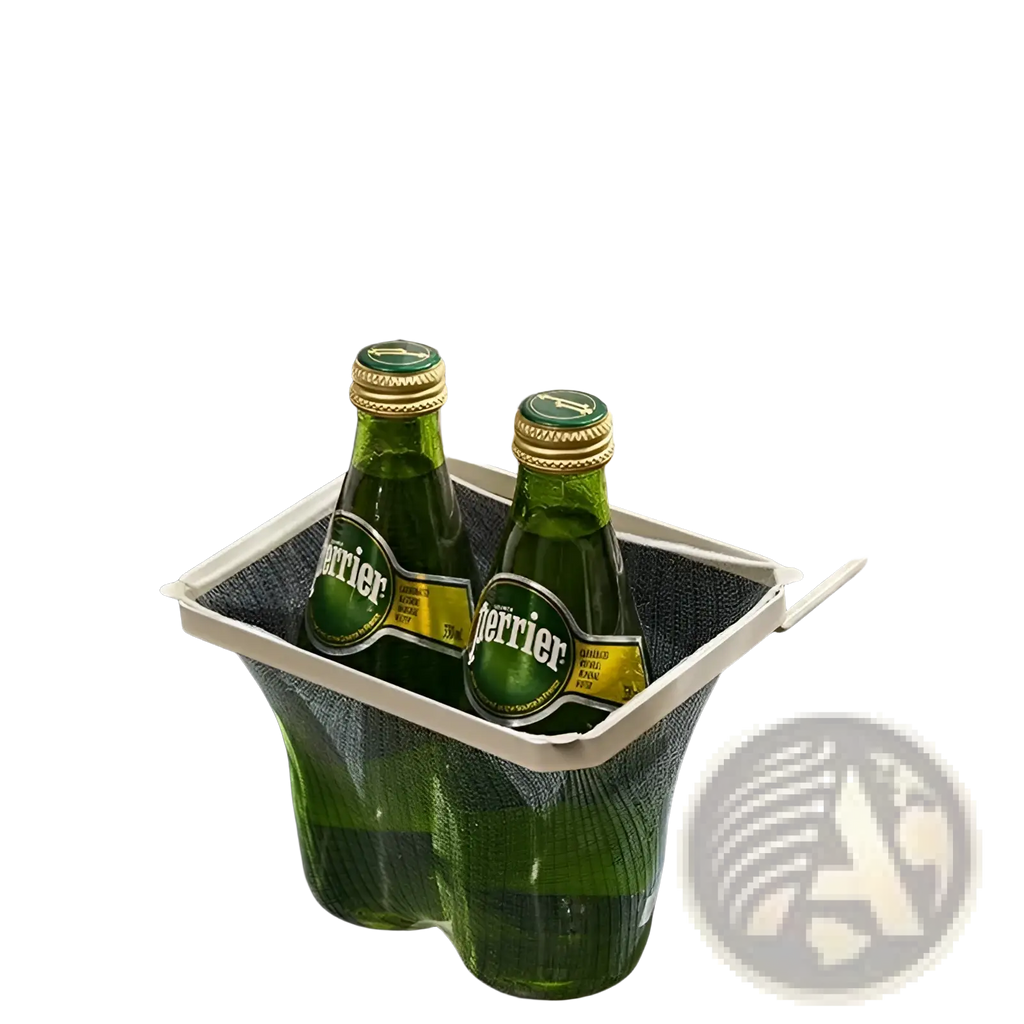 White mesh kitchen sink filter rack with clear plastic lid holding two green Perrier bottles and mesh strainer bags