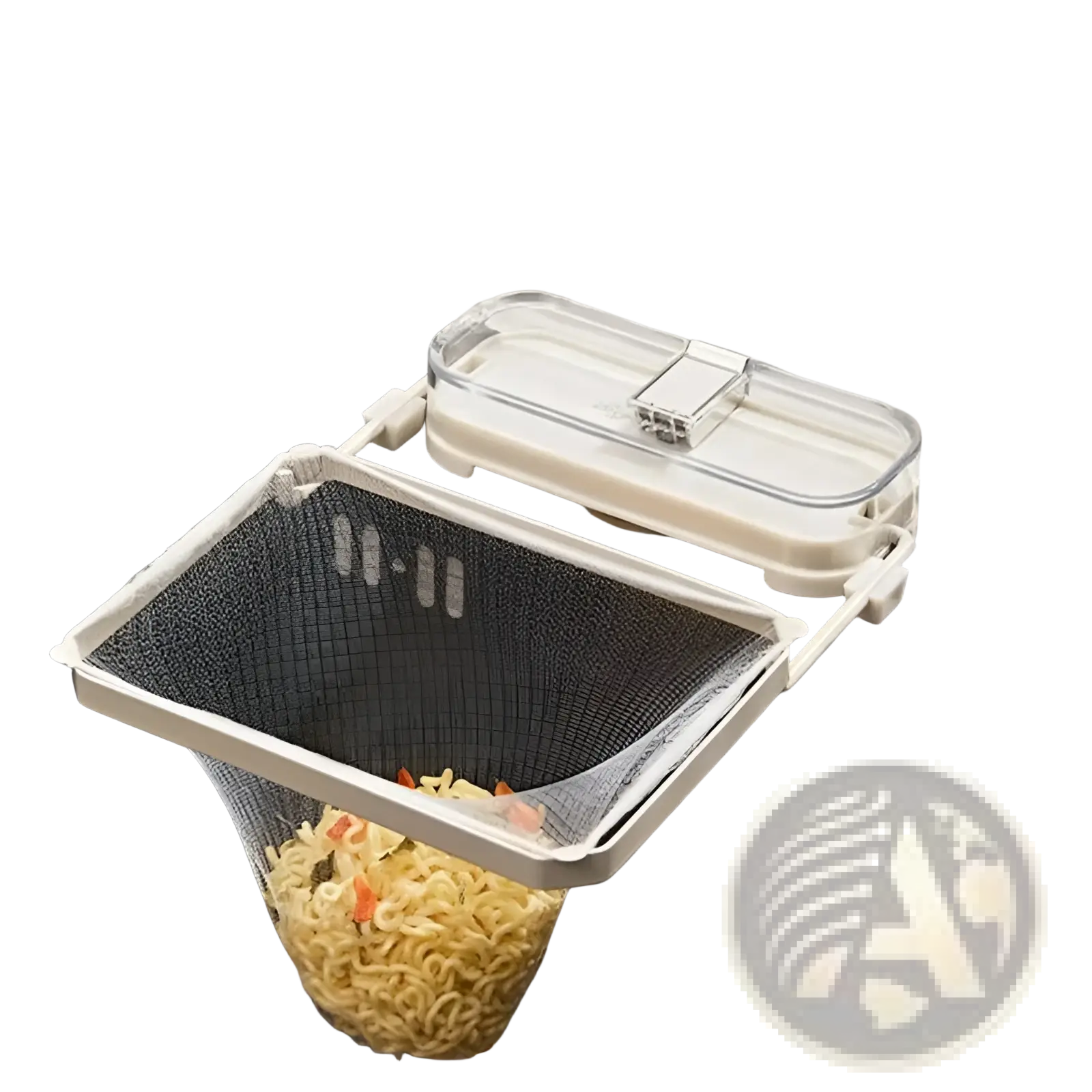 White plastic kitchen sink filter rack with black mesh strainer and clear lid for effective drainage filtering