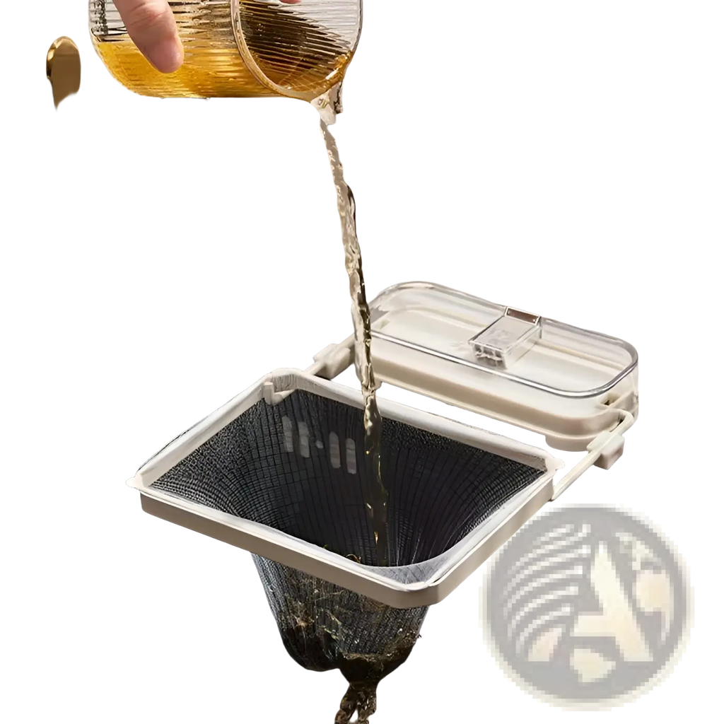 White plastic kitchen sink filter rack with mesh strainer bags and clear lid for effective drainage filtration
