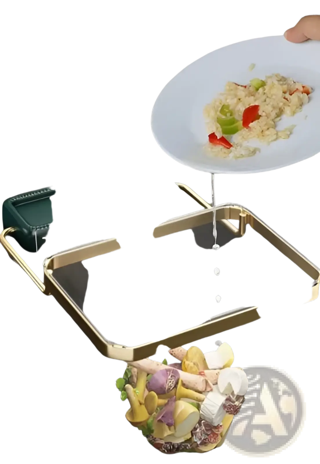 Gold-framed kitchen sink filter rack with mesh strainer bags and a dark green textured rectangular tray above it