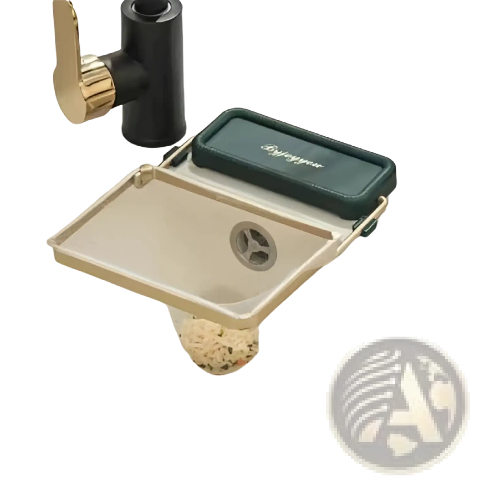 Gold-toned kitchen sink filter rack with mesh strainer bags featuring a rectangular transparent basin and black faucet handle