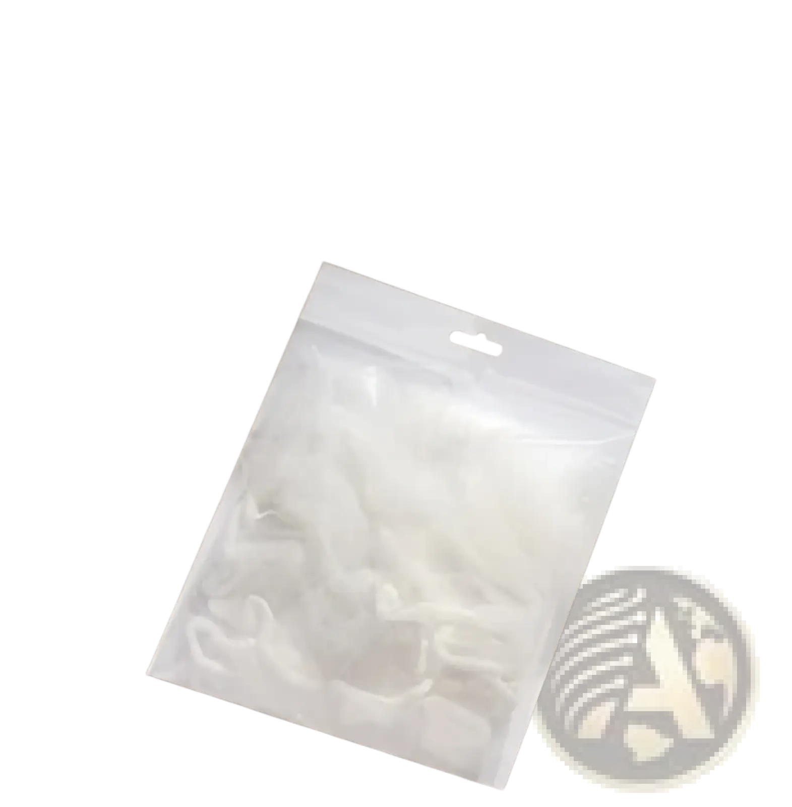 A clear plastic package containing fifty white translucent filter pieces for kitchen sink filter rack with mesh strainer bags