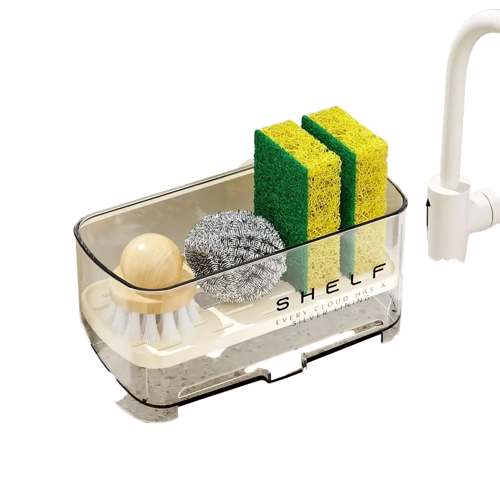 Clear plastic kitchen sink organizer and drain rack with white base black trim and shelf label on the side